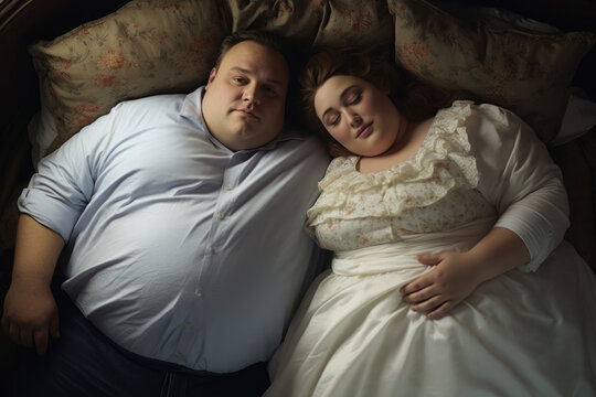 Top portrait of overweight Couple while sleeping next to his fat wife in their bedroom top view
