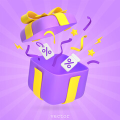 3d Gift Box With Flying Serpentine, Ribbons, Gift tags, Coupon, Stars. Concept of promotion, discount, sale, gift. Vector Render Illustration In Plasticine Cartoon Style on purple background.
