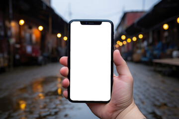 Phone With White Screen In Hand On The Background Of The City Created With The Help Of Artificial Intelligence