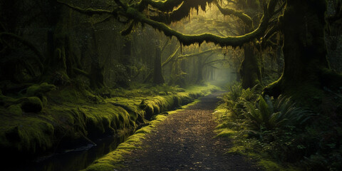 A path through a forest with a light on the ground and the trees are covered in moss