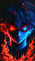 Fearless Boy's Anime-Styled Shadow, Blue Eyes Piercing Through, Enveloped by Crimson Flames, Devil Boy, horrible face, 