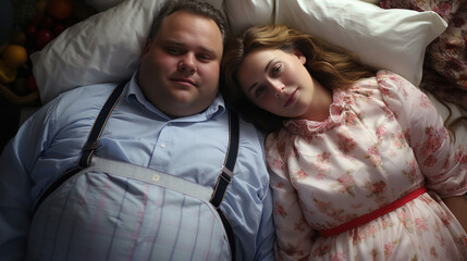 Top portrait of overweight Couple while sleeping next to his fat wife in their bedroom top view