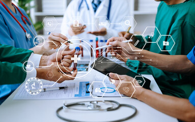 Medical technology network team meeting concept. Doctor hand working with smart phone modern...