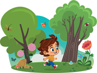 Vector illustration of a boy running on the Spring theme.