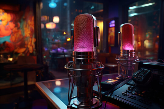 Naklejka Studio microphone in neon lights. sound recording equipment on bokeh background