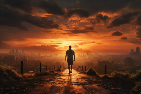 Athletic man walking on a road into the sunset.