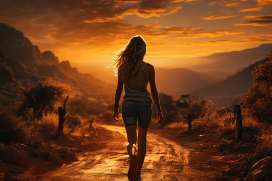 Athletic man walking on a road into the sunset.