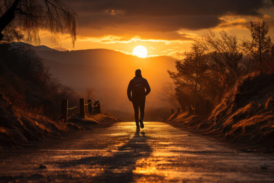 Athletic man walking on a road into the sunset.