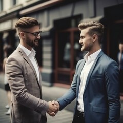 young Businessmen making handshake on the street, merger and acquisition concepts