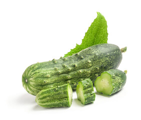 Cucumber and slices isolated on white background