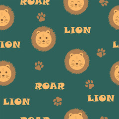 Childish seamless pattern with cartoon lion and footprints