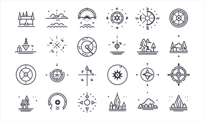 Navigation line icons set. home marker, journey, compass, globe, country, Road trip path, trail, geography, tourism visualization vector illustration. Outline signs of location 