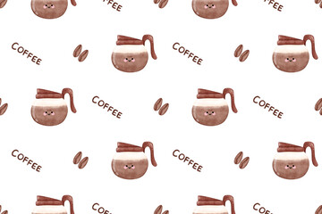 seamless pattern of kawaii coffee cups, watercolor coffee, coffee background, coffee pattern