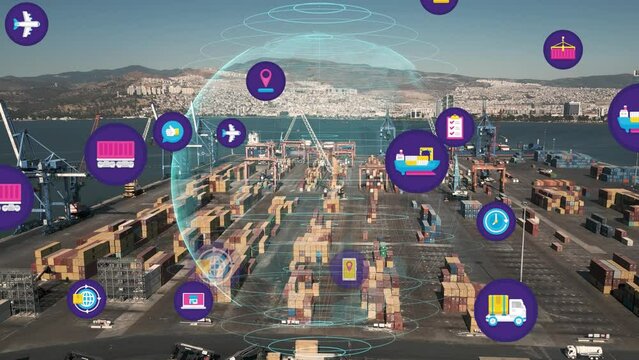 Logistic business or transport concept Aerial view over import export port with many stacks of cargo container rows . High quality 4k footage