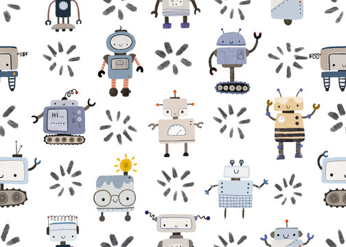 Colorful cartoon robots isolated background seamless pattern. Endless pattern with different robots. Repeating color simple flat pattern with monsters. Pattern for kids with cartoon characters.