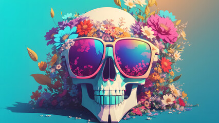 花で飾られた骸骨のイラスト｜Illustration of a skeleton decorated with flowers,Generative AI