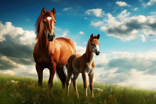 A horse with a foal on a pasture. Generative AI