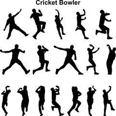 Cricket Bowler silhouette different poses collection vector illustration. 