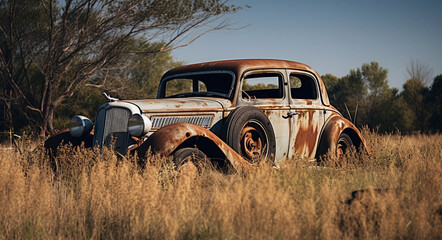 Rustic Beauty: Decaying Vintage Car in the Field