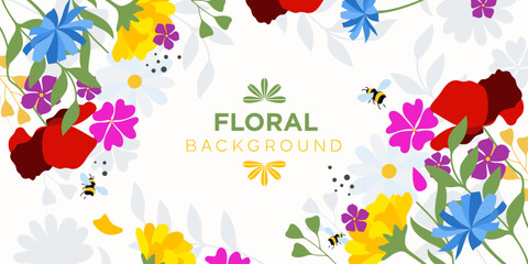 Background with beautiful summer flowers in vector, flat style.