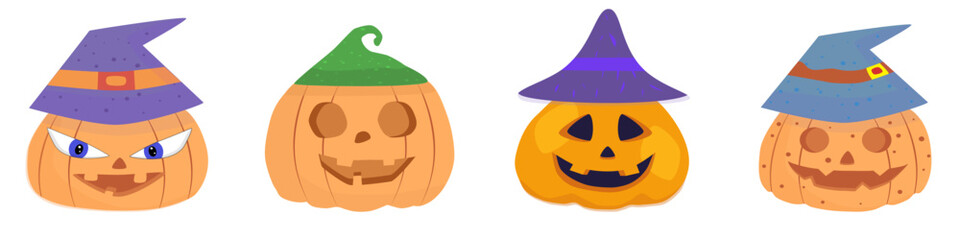 Set of halloween pumpkins, funny faces. Autumn holidays. Vector illustration EPS10.