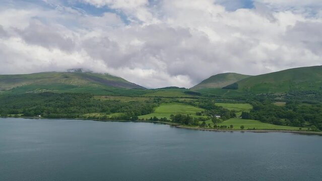 View of Mountains and Lake over Loch Fyne from a drone , Scotland, UK