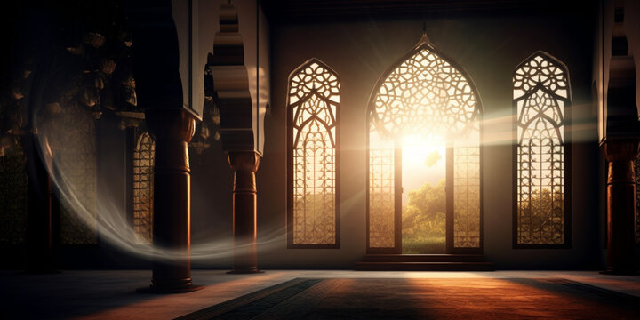 moon light shine through the window into islamic mosque interior