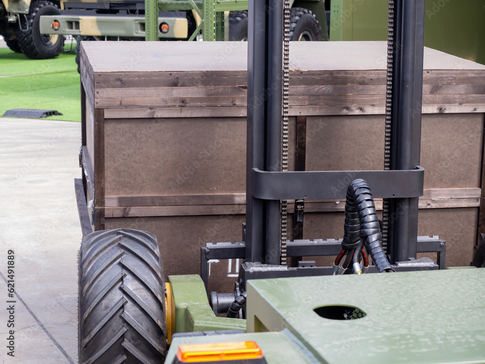 Poster forklift fragment. loading equipment. wooden box on robotic forklift. warehouse automated trolley. f