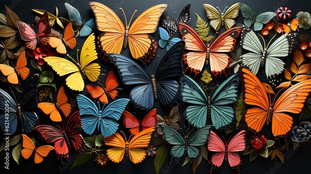 Poster a group of colorful butterflies on a black background the butterflies are arranged in a cluster, wit