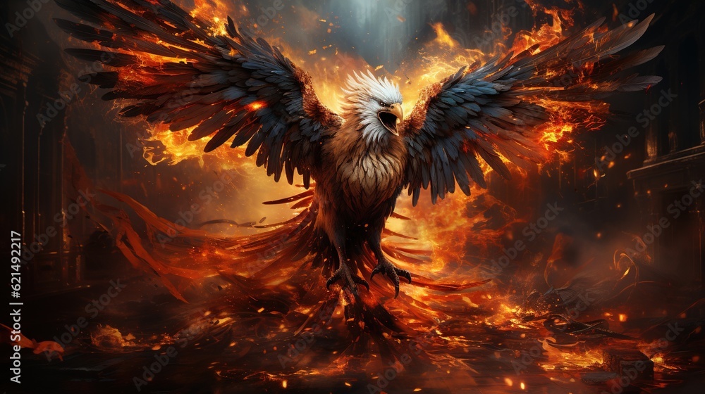 Aufkleber a large bird with wings spread out in front of a fire. generative ai