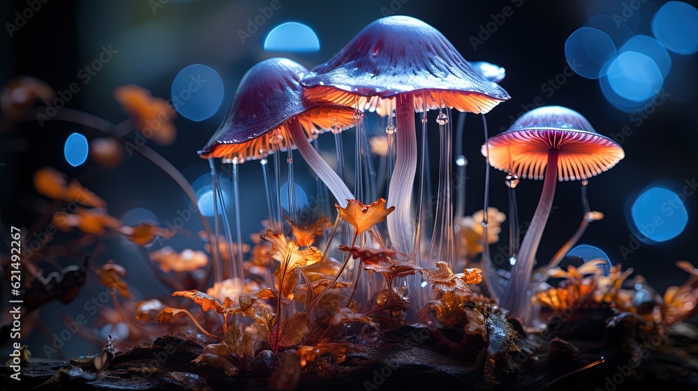 Poster a group of mushrooms that are sitting in the grass with lights in the background. generative ai