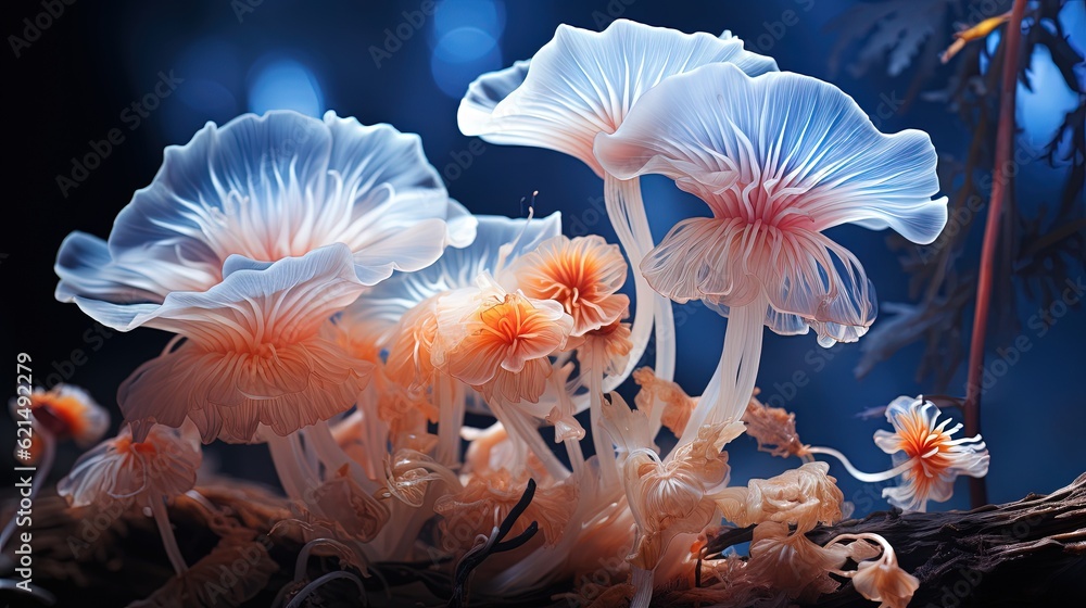 Poster a close up of a group of mushrooms on a tree branch. generative ai