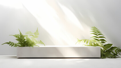 white podium on white concrete wall with sunlight and leaves decoration
