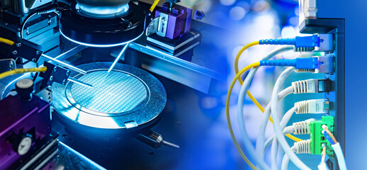 High-tech production. Machine for production of microchips. Microelectronics industry. Network...