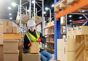 Storekeeper woman. Warehouse specialist. Girl uses laser warehouse scanner. Woman storekeeper among boxes. Warehouse racks with parcels. Storekeeper at work. Logistics center employee