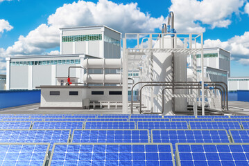 Photovoltaic panels near factory. Solar generators. Factory exterior. Innovative industrial enterprise. Modern power station. Solar generators under blue sky. Territory plant without anyone. 3d image