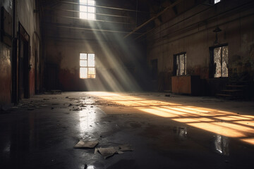 An empty, dark, high-ceilinged workshop with a water