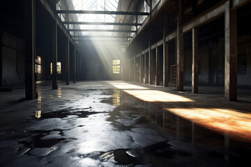 Obraz premium An empty, dark, high-ceilinged workshop with a water