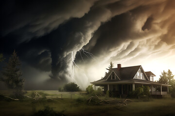 Naklejka na ściany i meble Large tornado approaching house view from ground, generated by AI