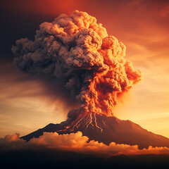 An erupting ash volcano against a sunset background, generated by AI