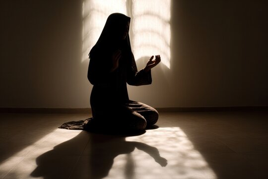 Elegant silhouette of a young Muslim black woman in prayer, shadow on wall