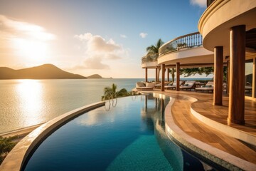 Fototapeta na wymiar Stunning beach house offering panoramic sea views, swimming pool, terrace, unforgettable vacation. Generative AI