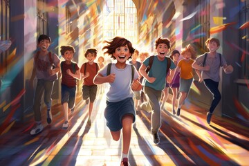 Joyful school kids playfully sprinting through a sunlit corridor