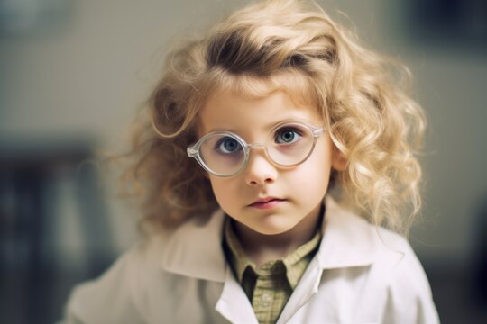 Girl wearing glasses attentively listening to the teacher during a science lesson