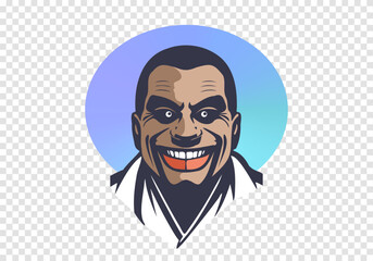 Vector strange terrible unusual portrait of a large smiling man with scary eyes. Cunning crazy freak. Isolated background.