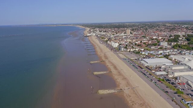 Aerial footage along the coastline of Bognor Regis a popular seaside resort in West Sussex, Southern England.