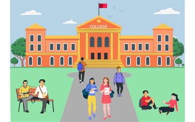 Group of happy students are spending time at college campus. Young people walking together, talking, sitting on bench and on grass. Vector illustration.