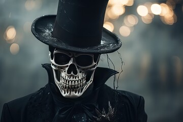 Halloween theme dark fantasy, gentleman skeleton wearing tuxedo and top hat, Generative Ai