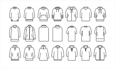 Clothes line icons set. Sweatshirt, hoody, pullover, bath suit, jacket, evening dress, cardigan, trousers visualization vector illustration