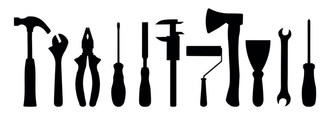 set of hand tools silhouette isolated on white. black silhouette
